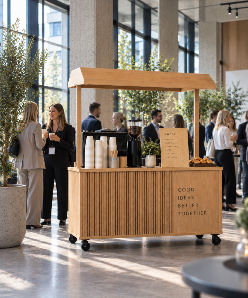 Specialdesignet eventstation med branding til firmaevent